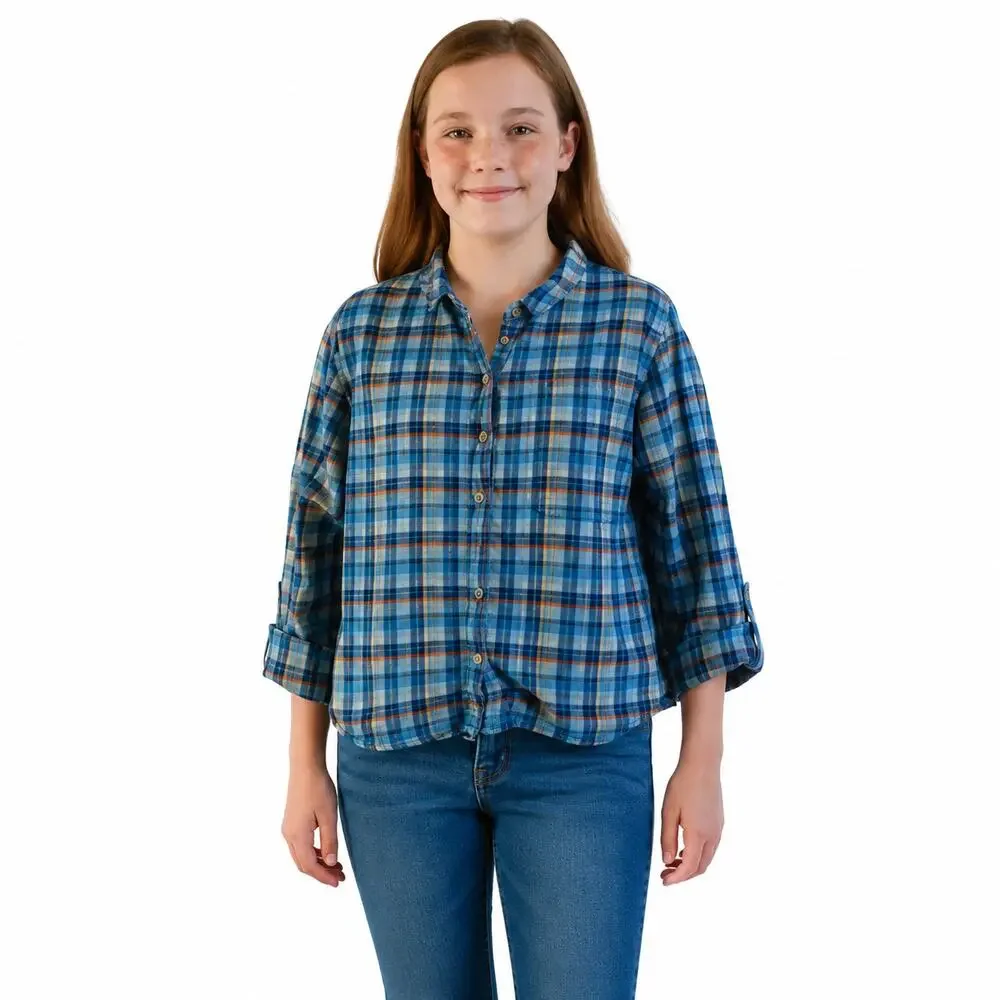 Lands' End Kids Girls Plaid Button-Up Shirt with Ruffle Collar - Size 16